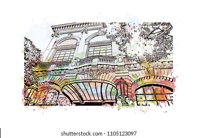 Monaco Monte Carlo. Watercolor splash with Hand drawn sketch illustration in vector.