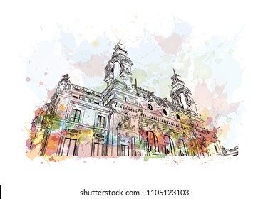 Monaco Monte Carlo. Watercolor splash with Hand drawn sketch illustration in vector.