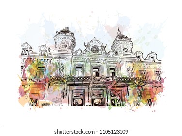 Monaco Monte Carlo. Watercolor splash with Hand drawn sketch illustration in vector.