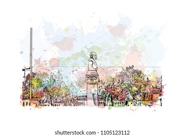 Monaco Monte Carlo. Watercolor splash with Hand drawn sketch illustration in vector.