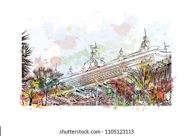 Monaco Monte Carlo. Watercolor splash with Hand drawn sketch illustration in vector.