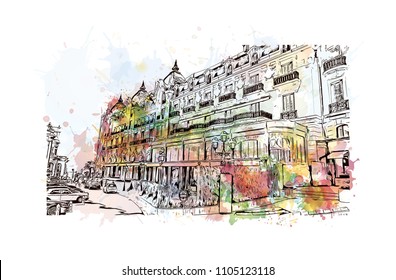 Monaco Monte Carlo. Watercolor splash with Hand drawn sketch illustration in vector.