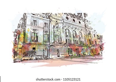 Monaco Monte Carlo. Watercolor splash with Hand drawn sketch illustration in vector.