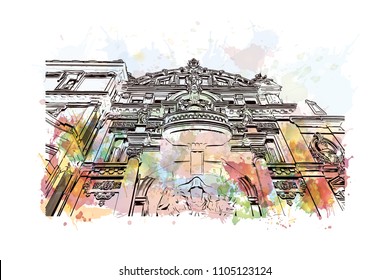 Monaco Monte Carlo. Watercolor splash with Hand drawn sketch illustration in vector.