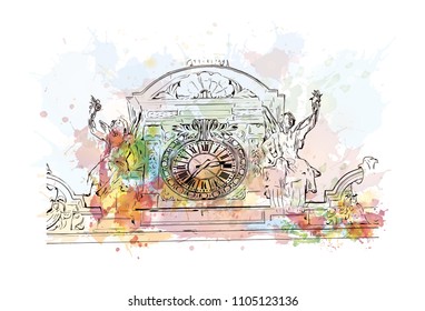 Monaco Monte Carlo. Watercolor splash with Hand drawn sketch illustration in vector.