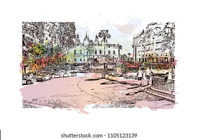 Monaco Monte Carlo. Watercolor splash with Hand drawn sketch illustration in vector.