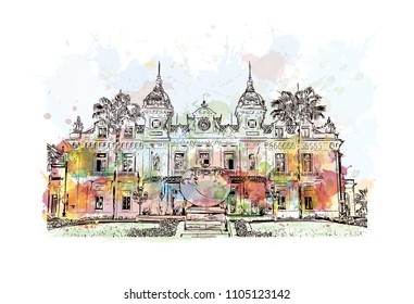 Monaco Monte Carlo. Watercolor splash with Hand drawn sketch illustration in vector.