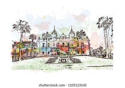 Monaco Monte Carlo. Watercolor splash with Hand drawn sketch illustration in vector.