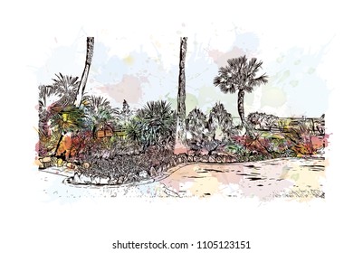 Monaco Monte Carlo. Watercolor splash with Hand drawn sketch illustration in vector.