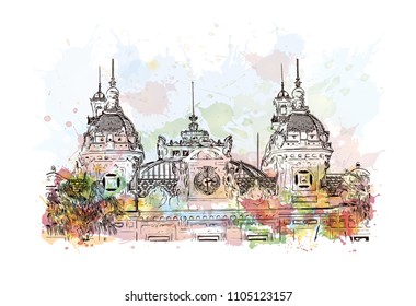 Monaco Monte Carlo. Watercolor splash with Hand drawn sketch illustration in vector.