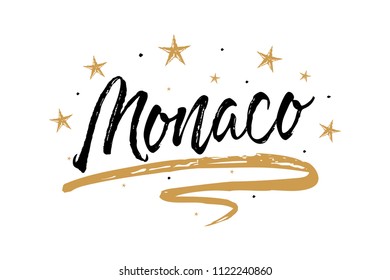Monaco. Name country word text card, banner script. Beautiful typography inscription greeting calligraphy poster black, gold ribbon, star. Handwritten design modern brush lettering isolated vector.