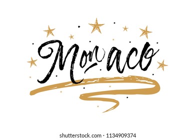Monaco. Name country word text card, banner script. Beautiful typography inscription greeting calligraphy poster black, gold ribbon, star. Handwritten design modern brush lettering isolated vector.