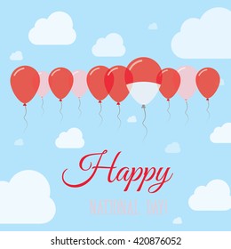 Monaco National Day Flat Patriotic Poster. Row of Balloons in Colors of the Monegasque flag. Happy National Day Monaco Card with Flags, Balloons, Clouds and Sky.