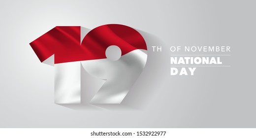 Monaco national day greeting card, banner, vector illustration. Monacan 19th of November background with elements of flag 