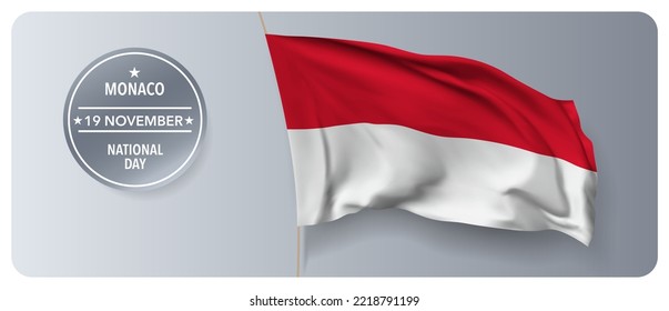 Monaco national day vector banner, greeting card. Monacan wavy flag in 19th of November national patriotic holiday horizontal design