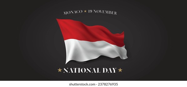 Monaco national day vector banner, greeting card. Monacan wavy flag in 19th of November patriotic holiday horizontal design with realistic flag