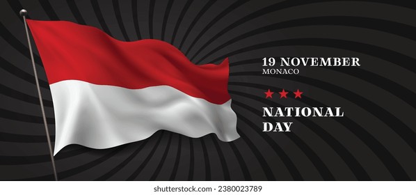 Monaco national day vector banner, greeting card. Monacan wavy flag in 19th of November national patriotic holiday horizontal design