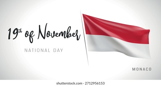 Monaco national day vector banner, greeting card. Monacan wavy flag in 19th of November patriotic holiday horizontal design with realistic flag
