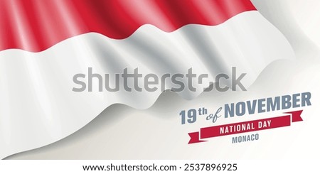 Monaco national day vector banner, greeting card. Monegasque wavy flag in 19th of November national patriotic holiday horizontal design