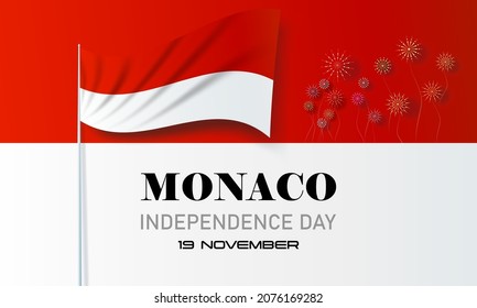 Monaco national day vector illustration with nation flags. European country public holiday.  Celebration Monaco independence day with firework in flag background, Paper art, Origami, paper cut style.