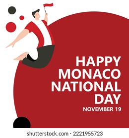 Monaco national day vector illustration with a man jumping and holding the national flag. European country pubic holiday celebrated annually on 19th of November.