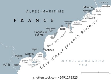 Monaco, Nice and Cannes, gray political map. The coastal strip of Alpes-Maritimes, a department of France, located on the French Riviera and Mediterranean Sea. With microstate Principality of Monaco.