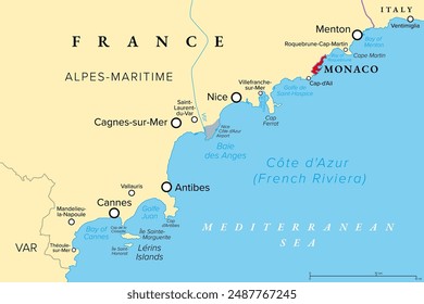 Monaco, Nice and Cannes, political map. The coastal strip of Alpes-Maritimes, a department of France, located on the French Riviera and Mediterranean Sea. With the microstate Principality of Monaco.