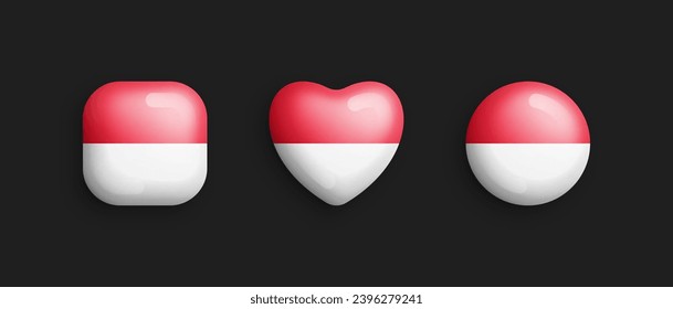 Monaco Official National Flag 3D Vector Glossy Icons In Rounded Square, Heart And Circle Shape Isolate On Background. Sign And Symbols Graphic Design Elements Volumetric Buttons Collection