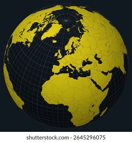 Monaco on Globe. Country view on the world map in Charcoal Bright Yellow color palette. Monaco shape on map. Globe with meridians, parallels, countries, rivers and lakes. Amazing vector illustration.