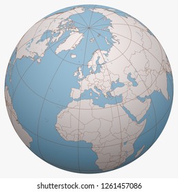 Monaco on the globe. Earth hemisphere centered at the location of the Principality of Monaco. Monaco map.