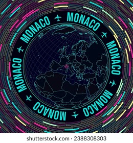 Monaco on globe. Satelite view of the world centered to Monaco. Bright neon style. Futuristic radial bricks background. Beautiful vector illustration.