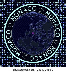 Monaco on globe vector. Futuristic satelite view of the world centered to Monaco. Geographical illustration with shape of country and squares background. Bright neon colors on dark background.