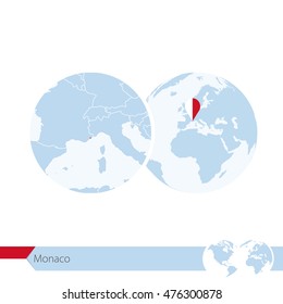 Monaco on world globe with flag and regional map of Monaco. Vector Illustration.