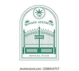 Monaco palm resort holidays vector art, Classic vintage gate vector art, Casa summer island vintage artwork for t shirt, poster, embroidery, screen print