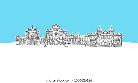 Monaco, Panorama Skyline Panorama Vector Sketch. Hand-drawn Illustration on blue background.