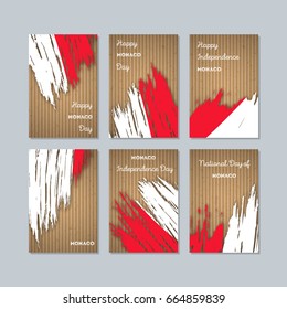 Monaco Patriotic Cards for National Day. Expressive Brush Stroke in National Flag Colors on kraft paper background. Monaco Patriotic Vector Greeting Card.