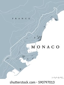 Monaco political map. Principality, sovereign city-state and microstate on French Riviera in Western Europe bordering on France. Gray illustration, English labeling. Vector.