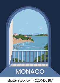 Monaco poster landscape. coast scenic view in windows. vector illustration with minimalist style.