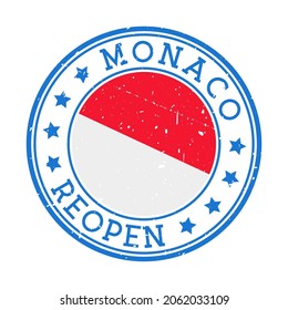 Monaco Reopening Stamp. Round badge of country with flag of Monaco. Reopening after lock-down sign. Vector illustration.