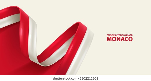 Monaco ribbon flag. Bent waving ribbon in colors of the Monaco national flag. National flag background.