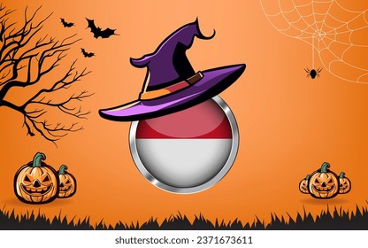 monaco round flag with Happy Halloween banner or party invitation background. bats, spiders and pumpkins, orange background