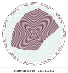 Monaco round logo design. Country shape build of rings. Monaco text around the country. Vector Illustration.