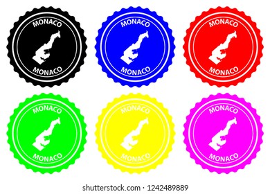 Monaco - rubber stamp - vector, Principality of Monaco map pattern - sticker - black, blue, green, yellow, purple and red