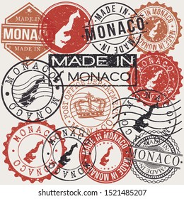 Monaco Set of Stamps. Travel Passport Stamp. Made In Product. Design Seals Old Style Insignia. Icon Clip Art Vector.
