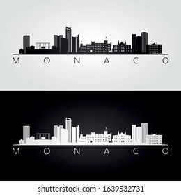 Monaco skyline and landmarks silhouette, black and white design, vector illustration.  