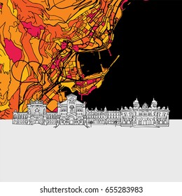 Monaco, Skyline Map, Modern Colourful Art Print with Historic Cityscape Landmarks