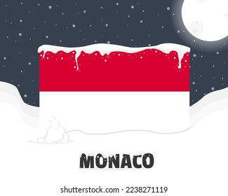 Monaco snowy weather concept, cold weather and snowfall, Monaco weather forecast winter banner idea, snow cap on flag with snowballs and moon, blizzard and adverse weather conditions