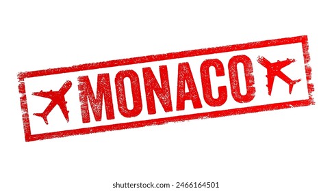 Monaco - is a sovereign city-state and microstate on the French Riviera, text emblem stamp with airplane