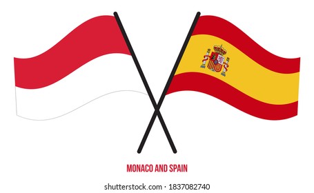 Monaco and Spain Flags Crossed And Waving Flat Style. Official Proportion. Correct Colors.