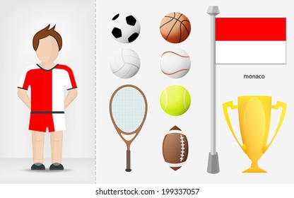 Monaco sportsman with sport equipment collection vector illustrations